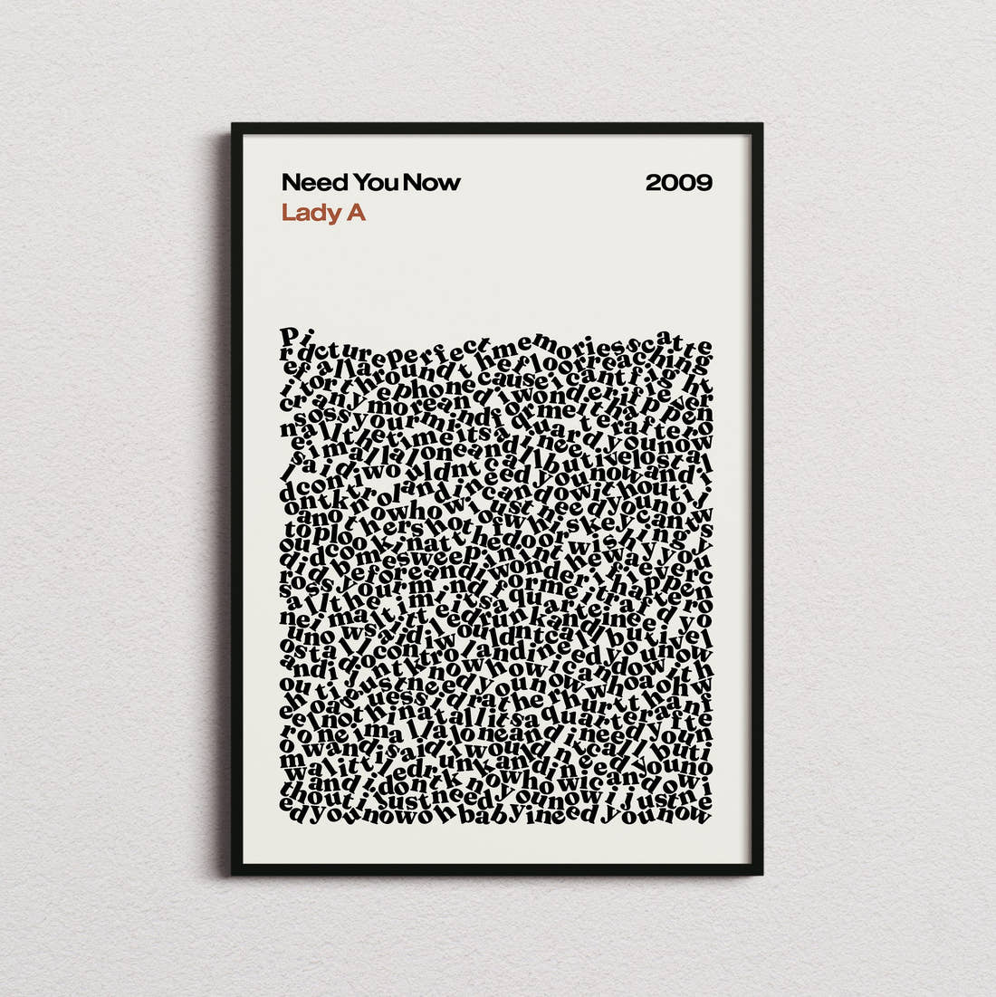 Lady A Need You Now Lyric Print in the cream colourway, framed