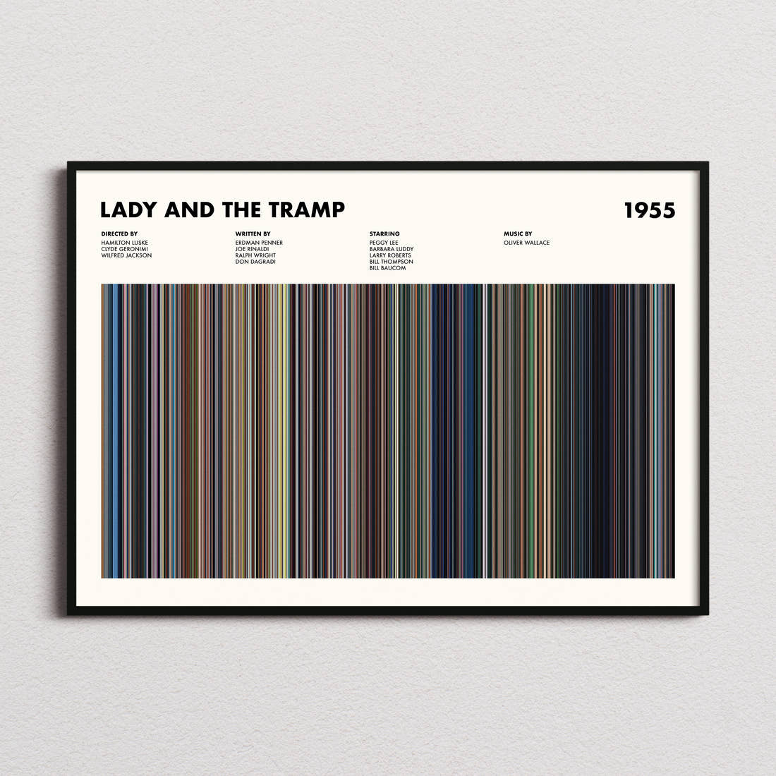 Lady and the Tramp Movie Barcode Poster framed and photographed straight on