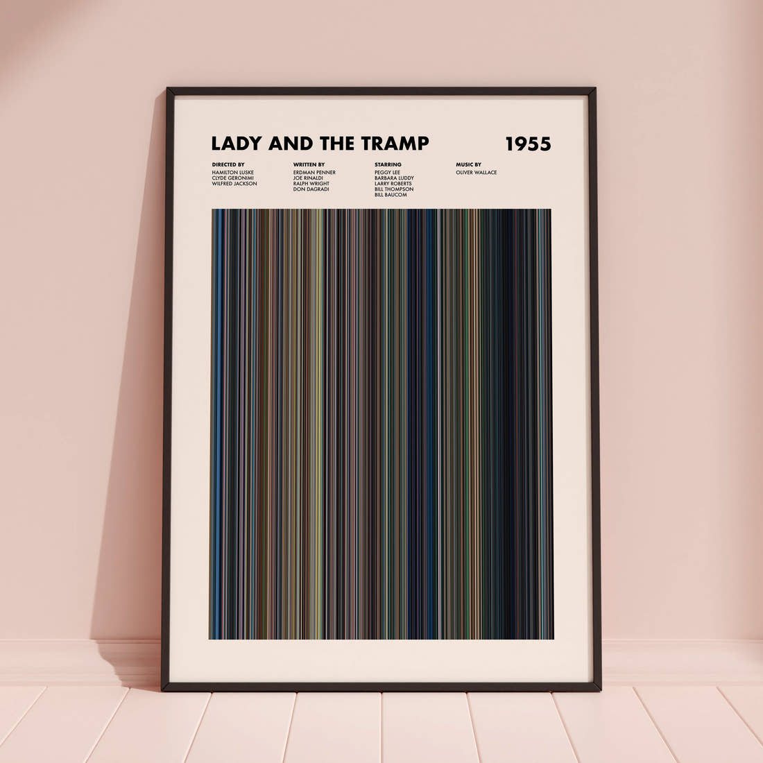 Lady and the Tramp Movie Barcode Poster framed and leaning against a coloured wall