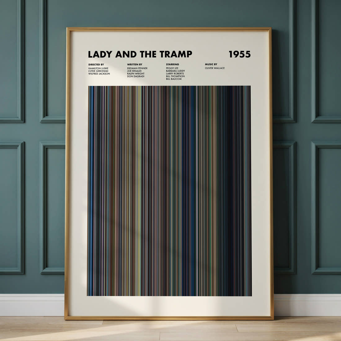 Lady and the Tramp Movie Barcode Poster framed and leaning against a panelled wall