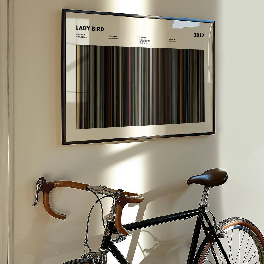 Lady Bird Movie Barcode Poster framed on the wall of a styled room setting