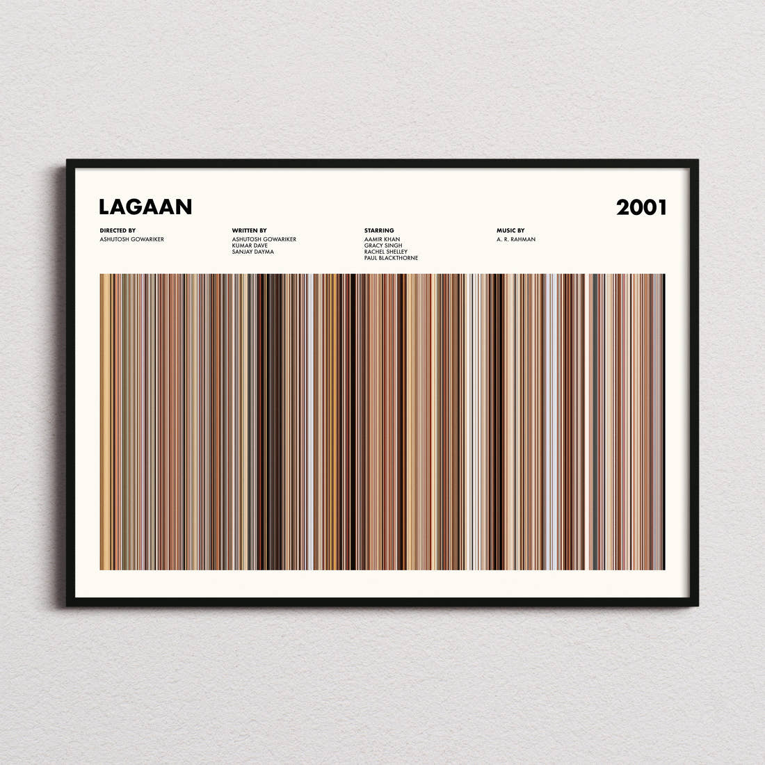 Lagaan Movie Barcode Poster framed and photographed straight on
