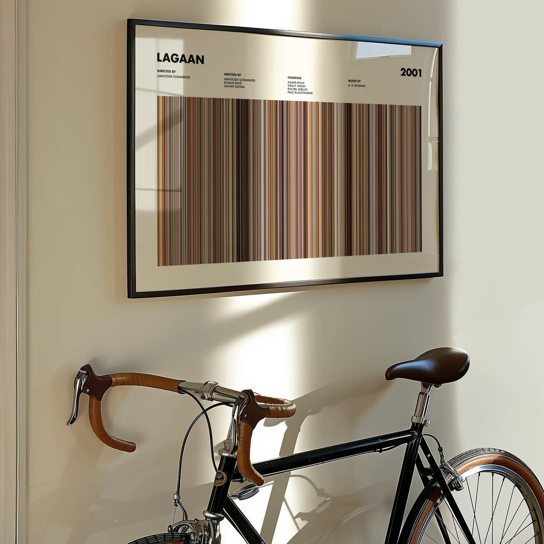 Lagaan Movie Barcode Poster framed on the wall of a styled room setting