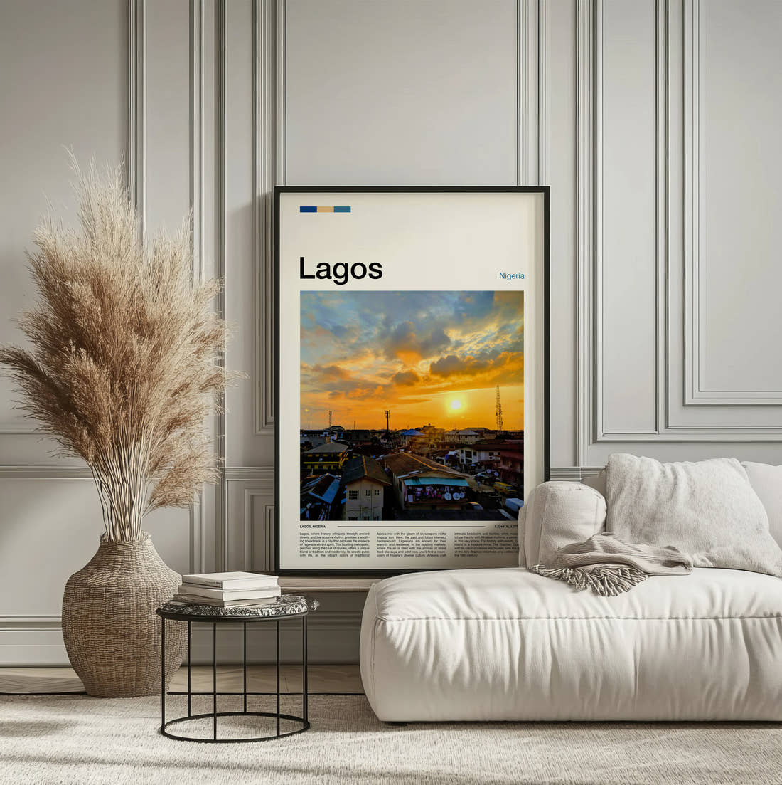 Lagos Sunset Over Rooftops Travel Print framed on the wall of a calm, neutral bedroom