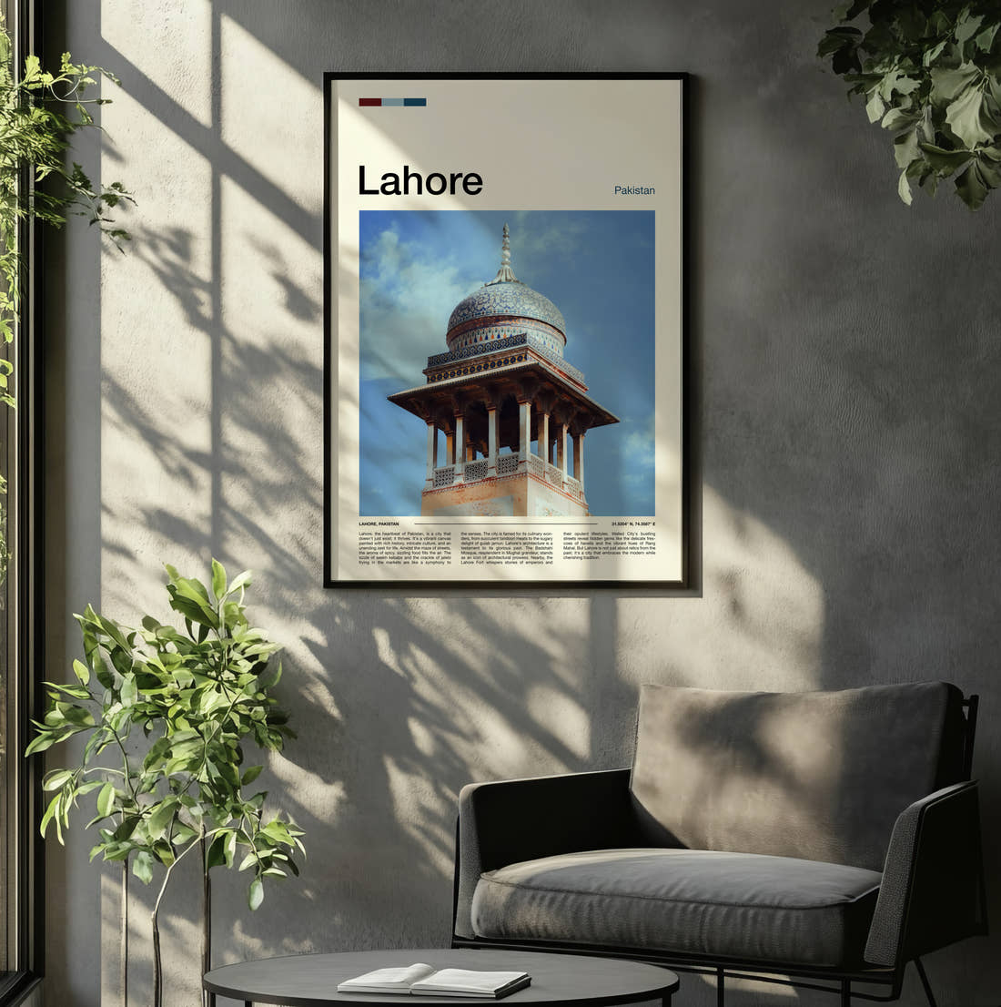 Lahore Domed Marble Pavilion Travel Print framed on the wall of a relaxed living room