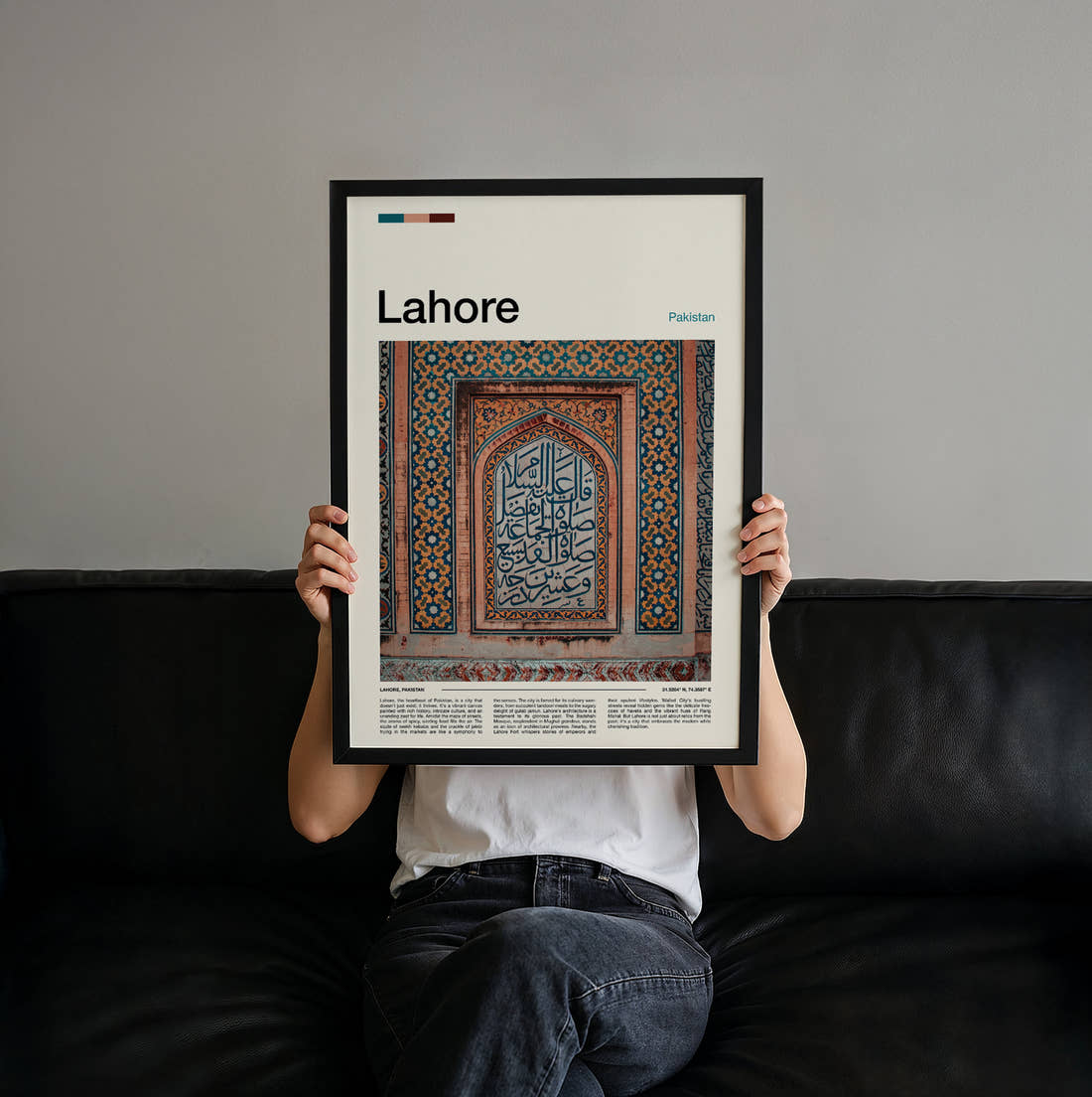 Lahore Tiled Calligraphy Panel Travel Print held up by hand to show the size of the print