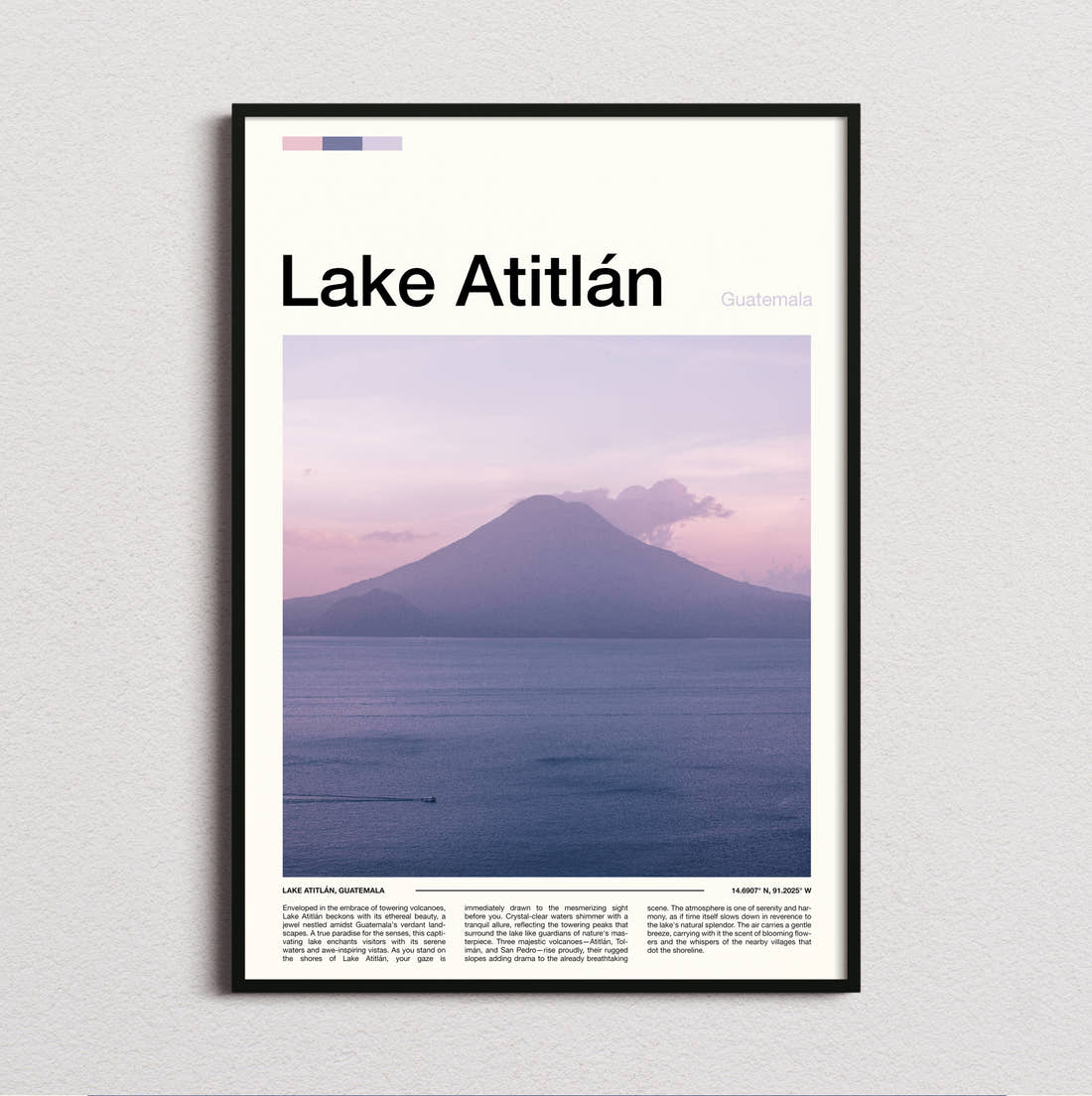 Lake Atitlan Volcano Across The Lake Travel Print framed and photographed straight on