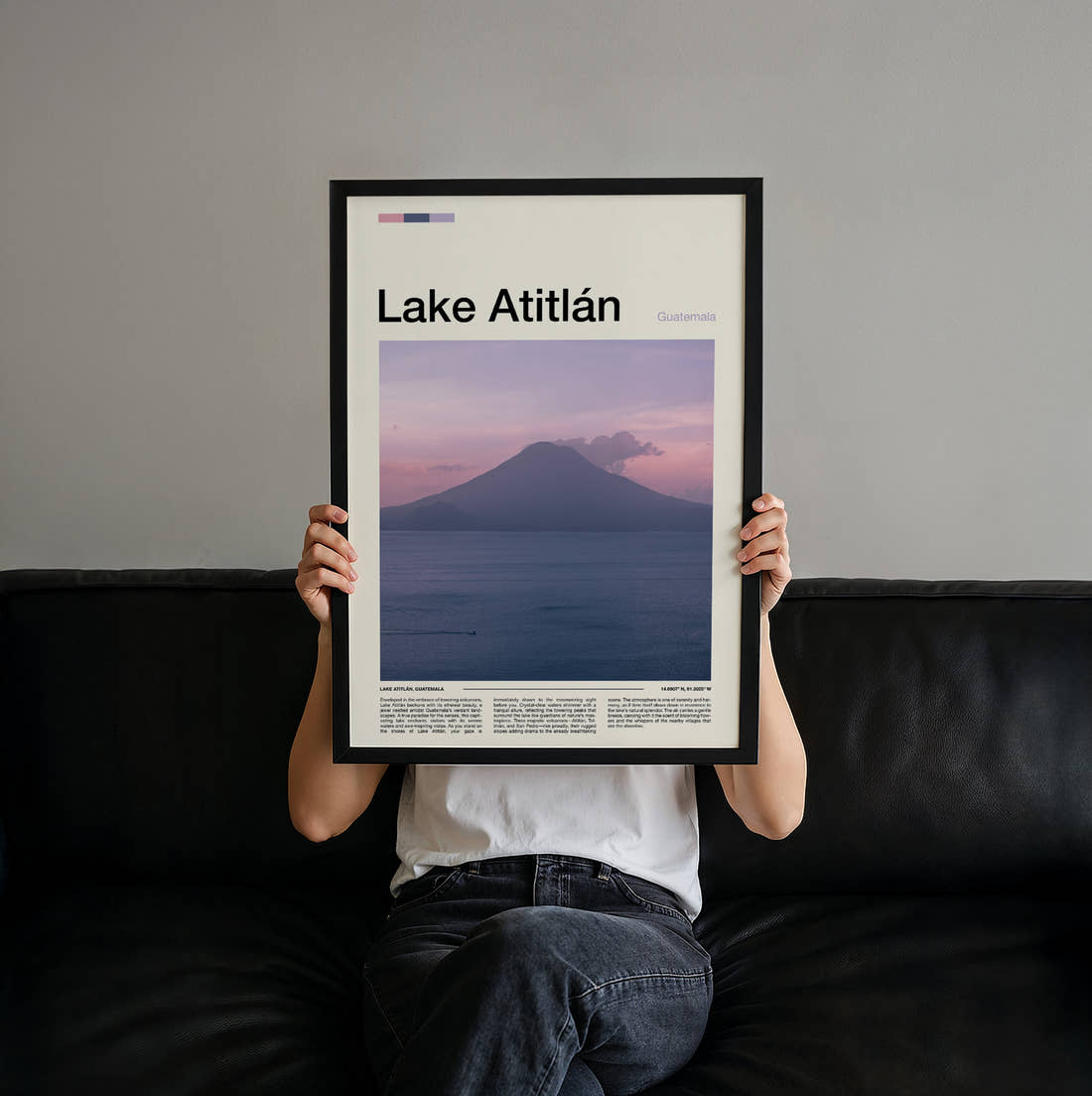 Lake Atitlan Volcano Across The Lake Travel Print held up by hand to show the size of the print