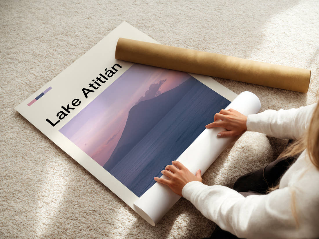 Lake Atitlan Volcano Across The Lake Travel Print being unrolled from its postal tube