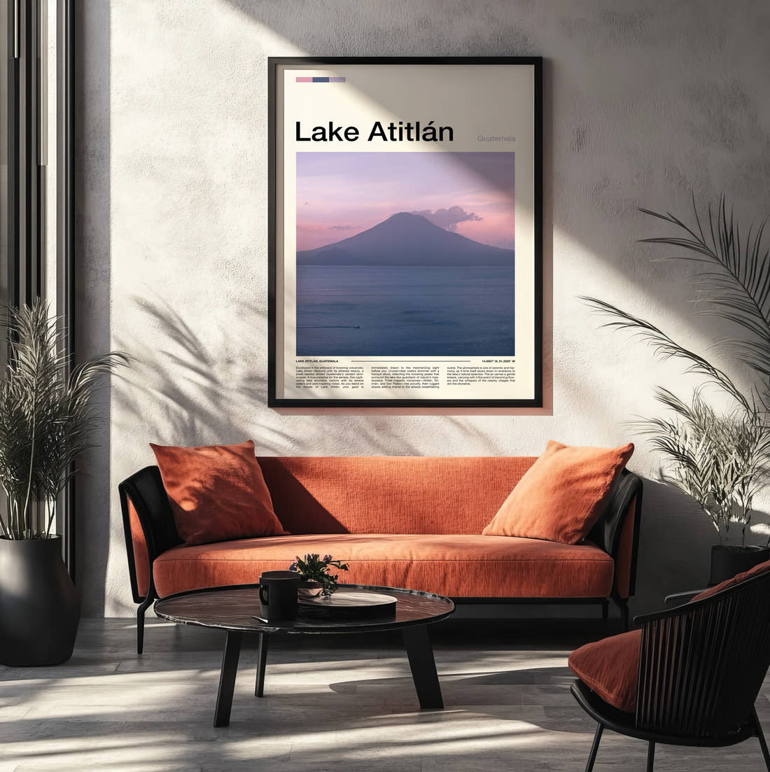 Lake Atitlan Volcano Across The Lake Travel Print framed on the wall of a modern living room