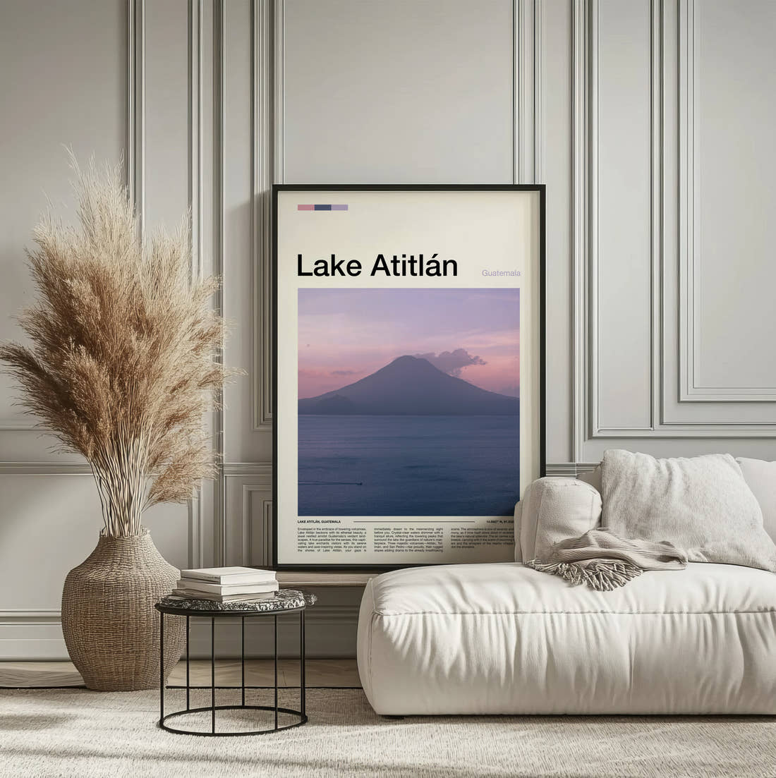 Lake Atitlan Volcano Across The Lake Travel Print framed on the wall of a calm, neutral bedroom