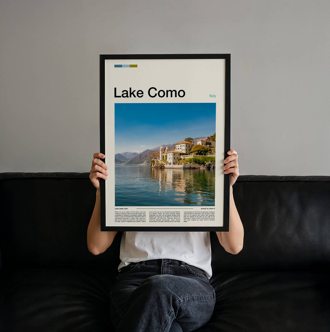 Lake Como Lakeside Villa Travel Print held up by hand to show the size of the print