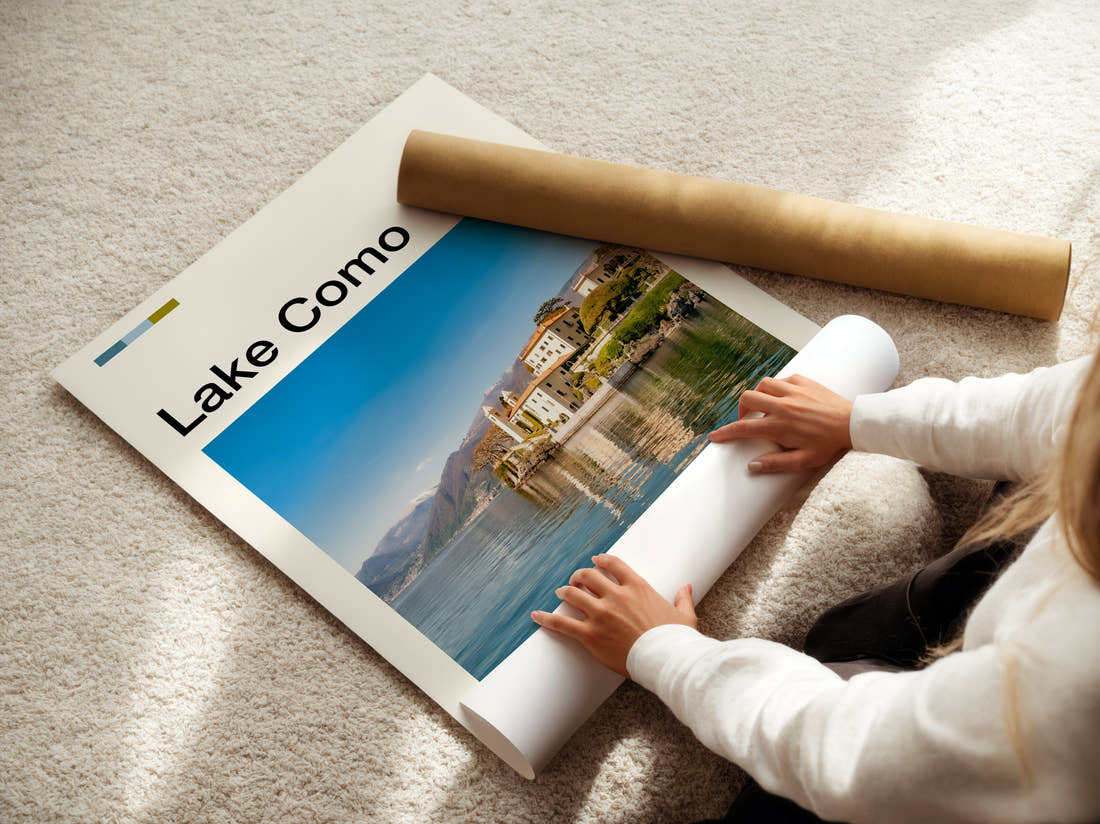 Lake Como Lakeside Villa Travel Print being unrolled from its postal tube