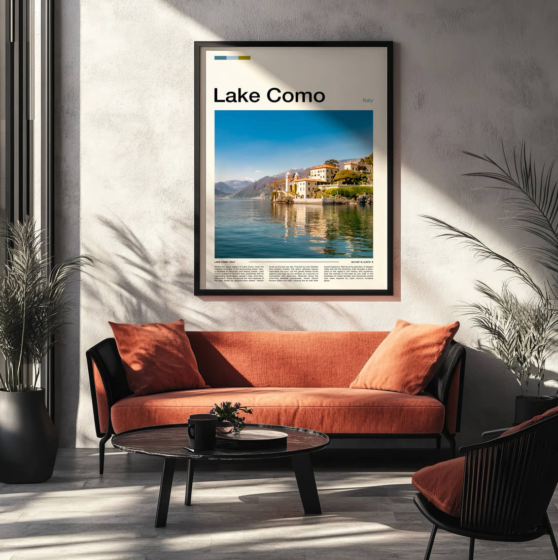 Lake Como Lakeside Villa Travel Print framed on the wall of a modern living room