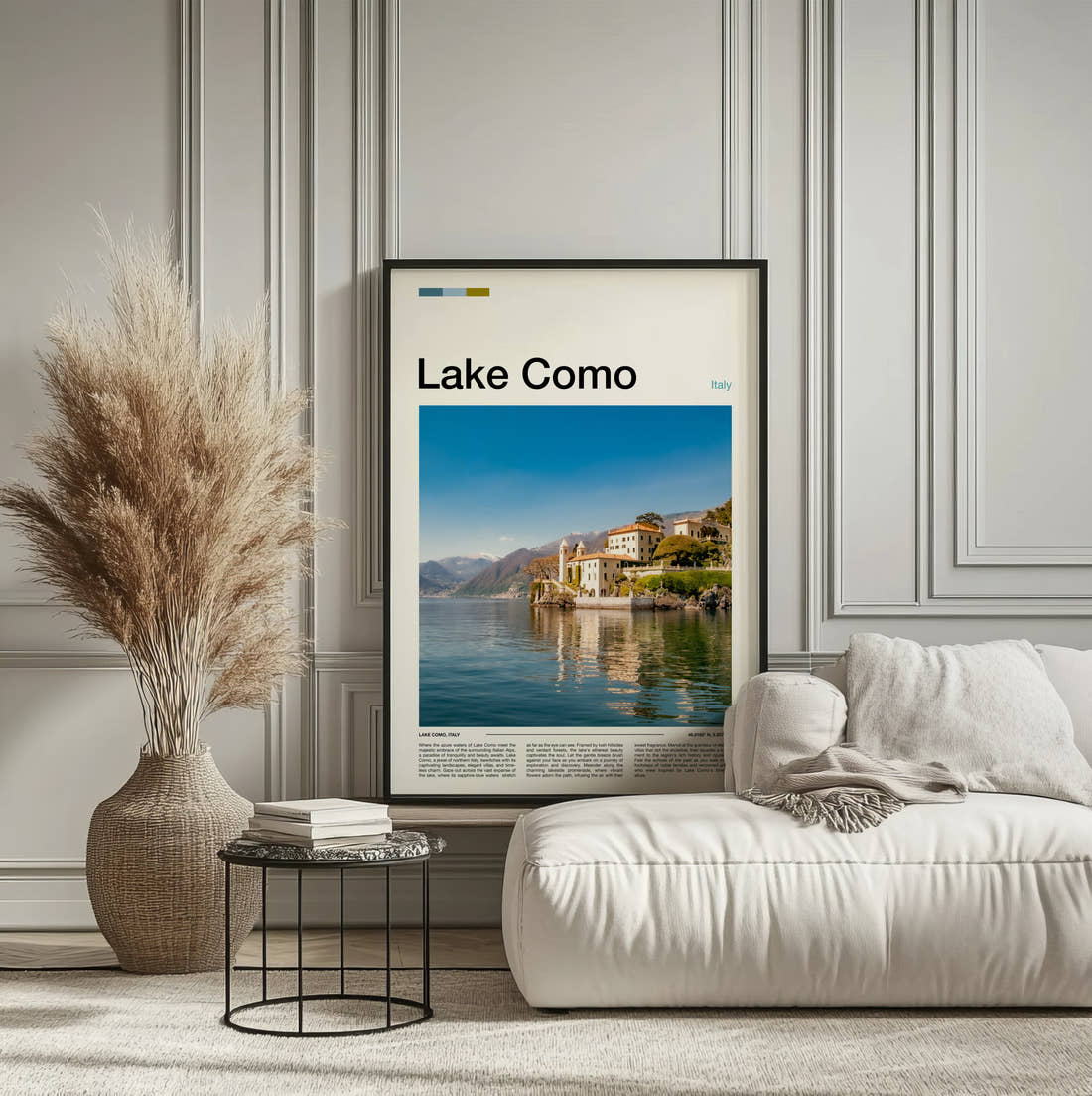 Lake Como Lakeside Villa Travel Print framed on the wall of a calm, neutral bedroom