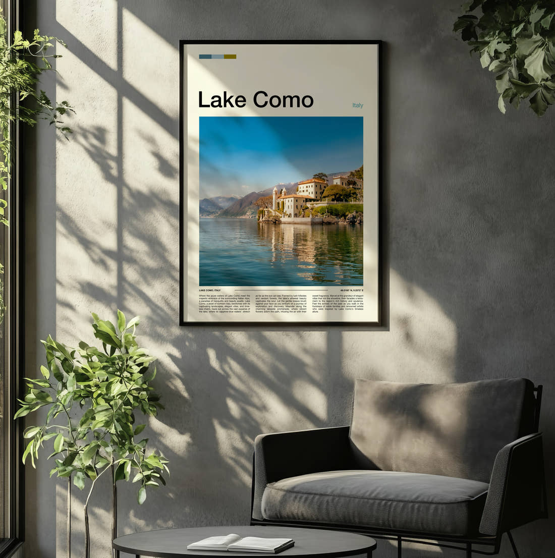 Lake Como Lakeside Villa Travel Print framed on the wall of a relaxed living room