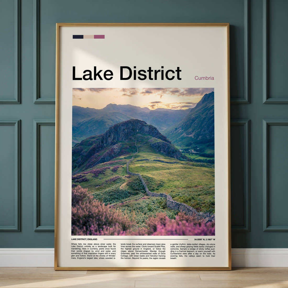 Lake District Fell Ridge Pathway Travel Print framed on the wall of a calm, neutral bedroom