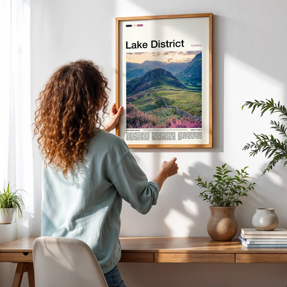 Lake District Fell Ridge Pathway Travel Print framed on a pale wall beside houseplants