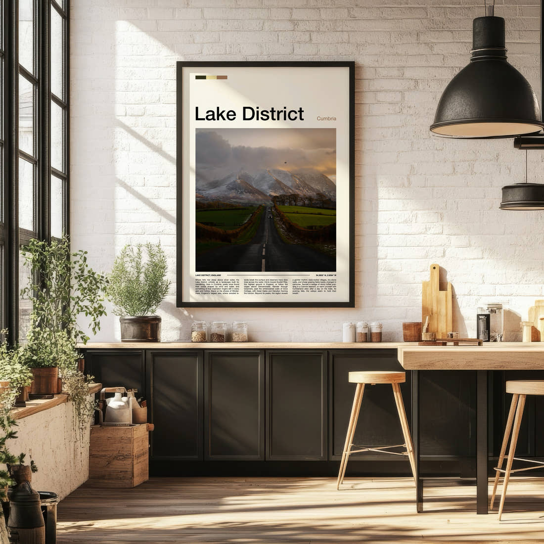 Lake District Fell Road At Dusk Travel Print framed on the wall of a bright kitchen and dining space