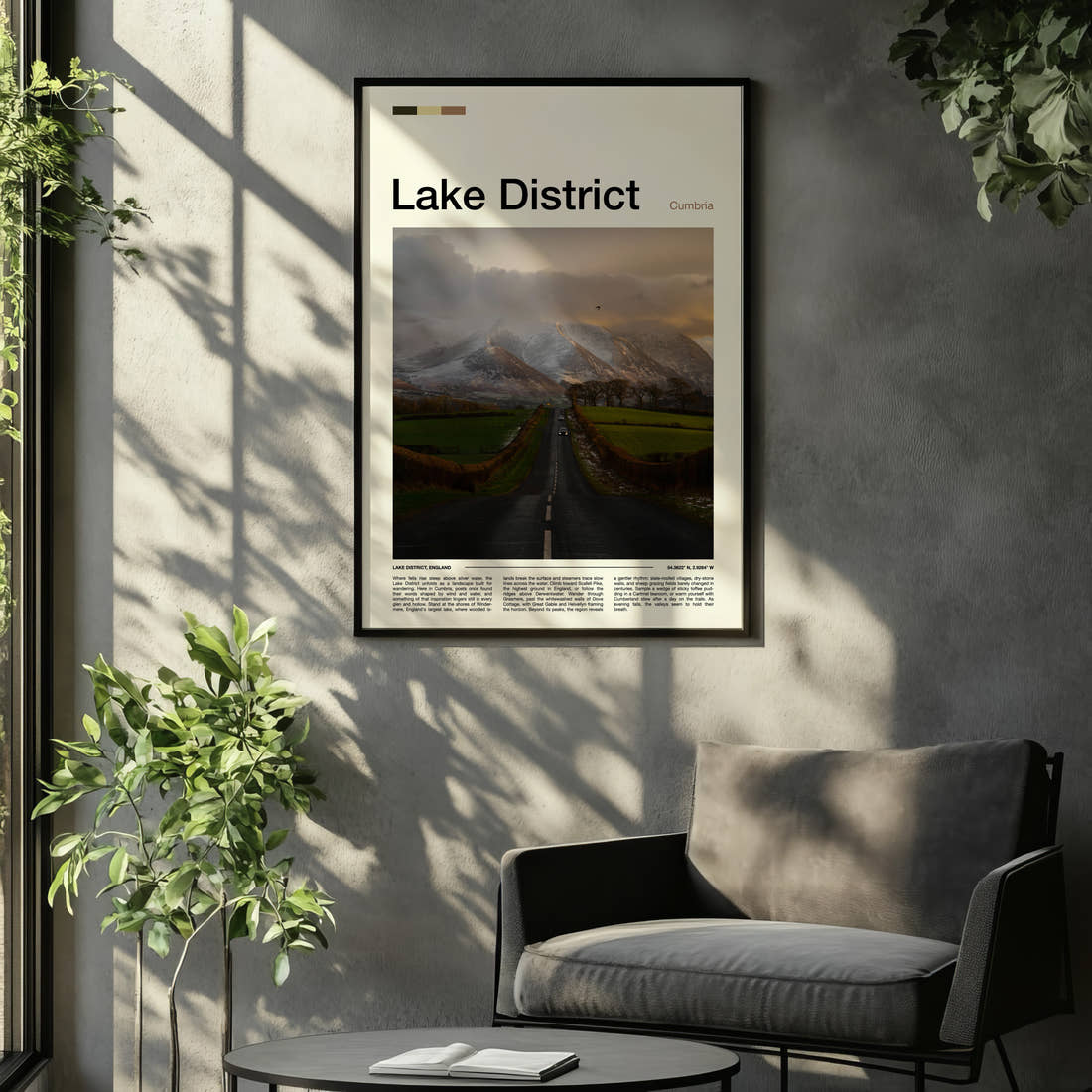 Lake District Fell Road At Dusk Travel Print framed on the wall of a relaxed living room