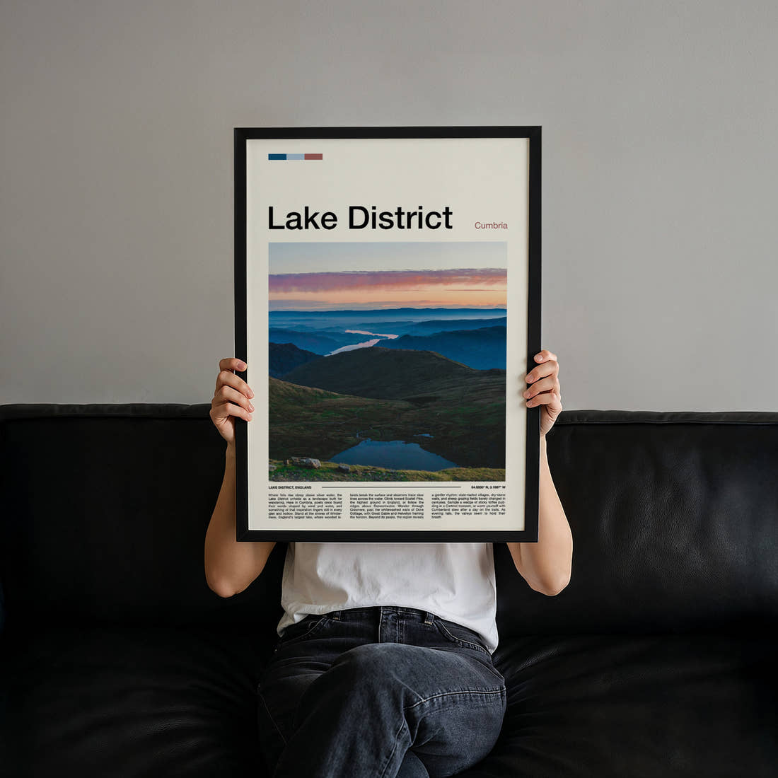 Lake District Misty Valley Panorama Travel Print held up by hand to show the size of the print