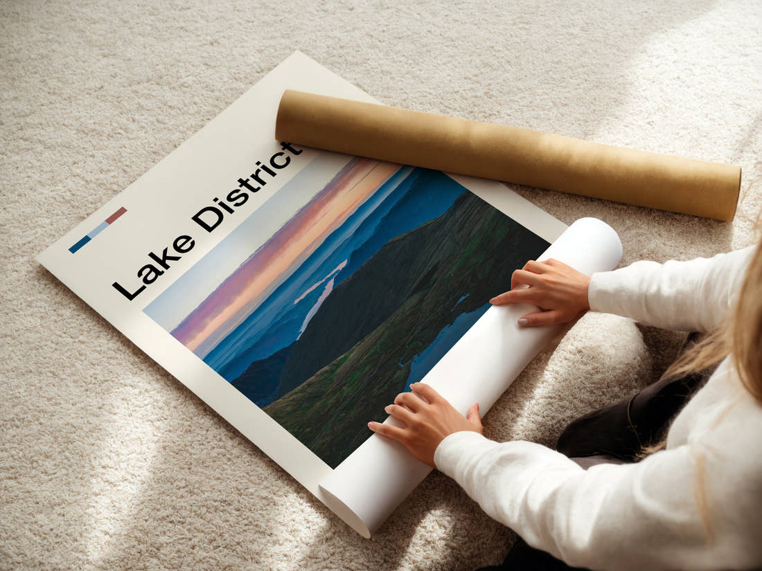 Lake District Misty Valley Panorama Travel Print being unrolled from its postal tube