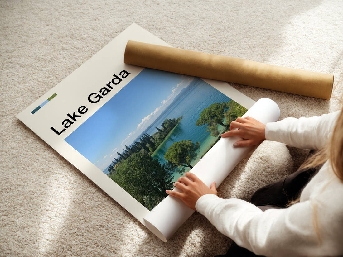 Lake Garda Cypress Lined Shoreline Travel Print being unrolled from its postal tube
