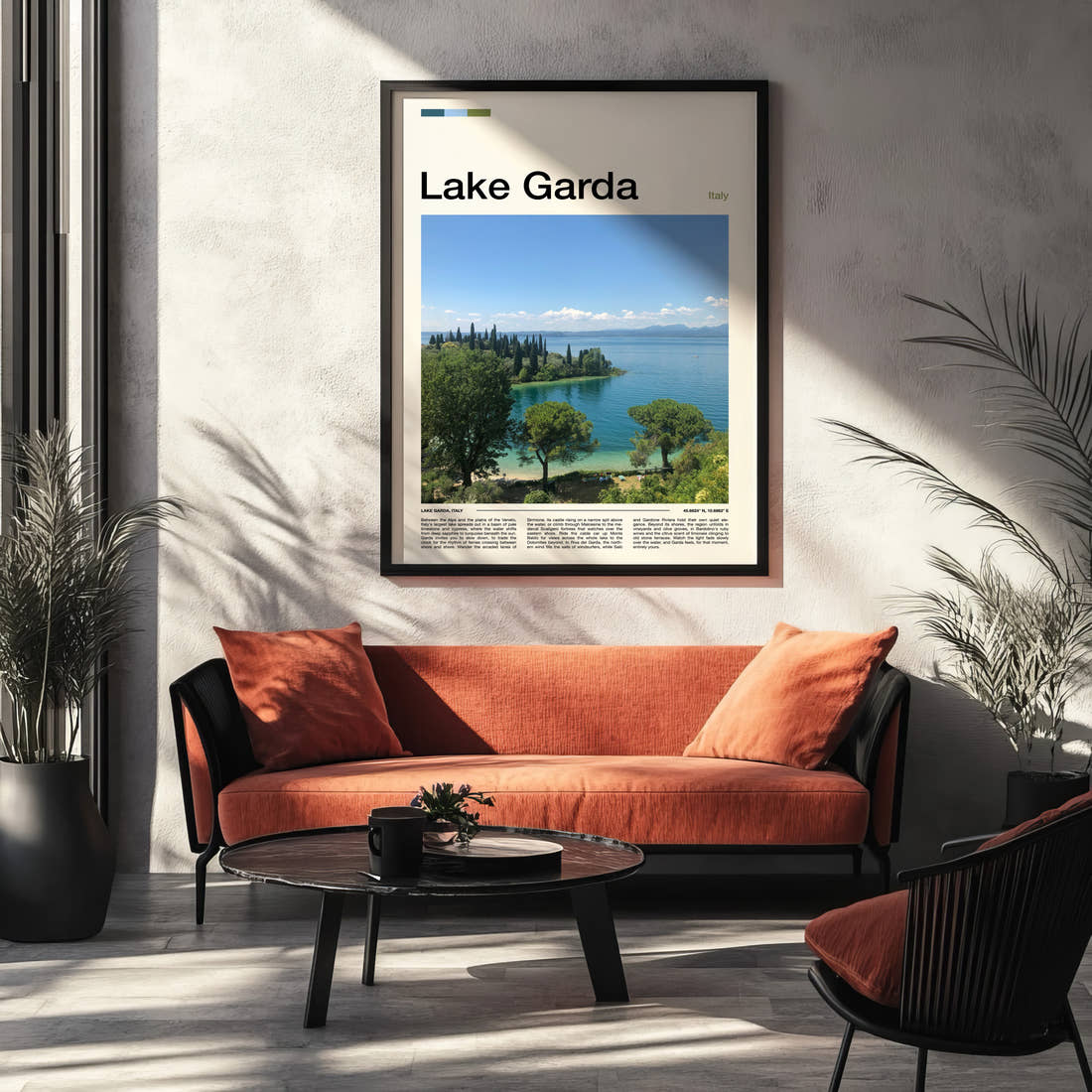 Lake Garda Cypress Lined Shoreline Travel Print framed on the wall of a modern living room