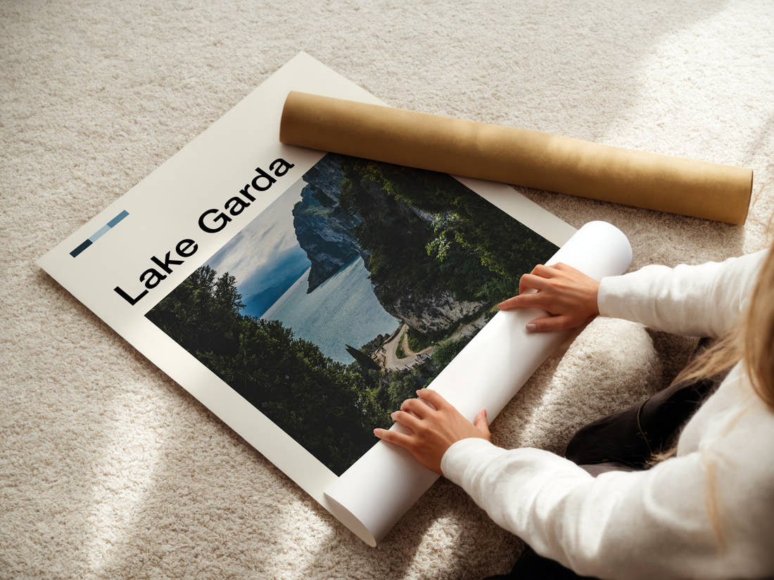 Lake Garda Cliffside Lake Path Travel Print being unrolled from its postal tube