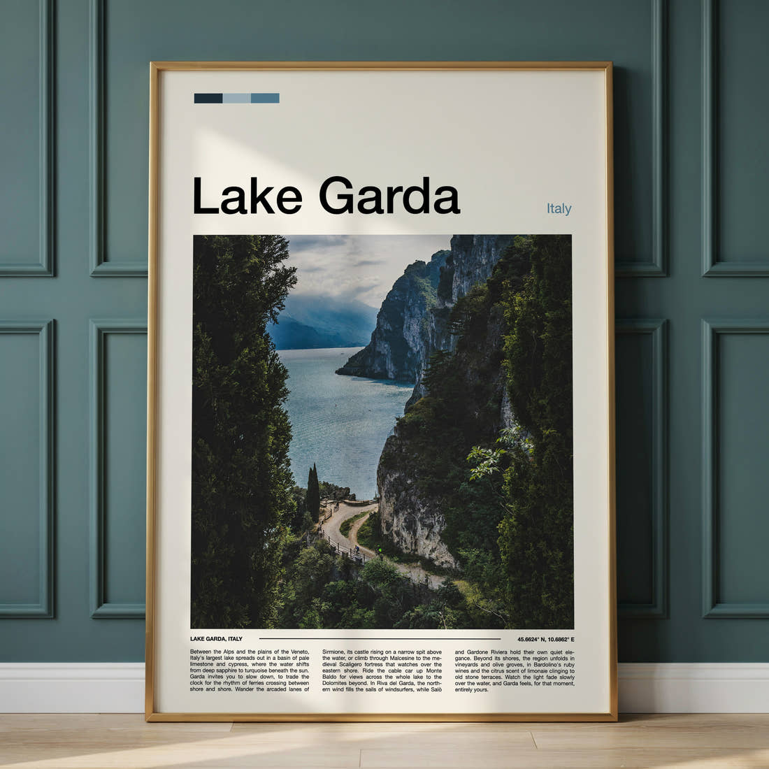 Lake Garda Cliffside Lake Path Travel Print framed on the wall of a calm, neutral bedroom