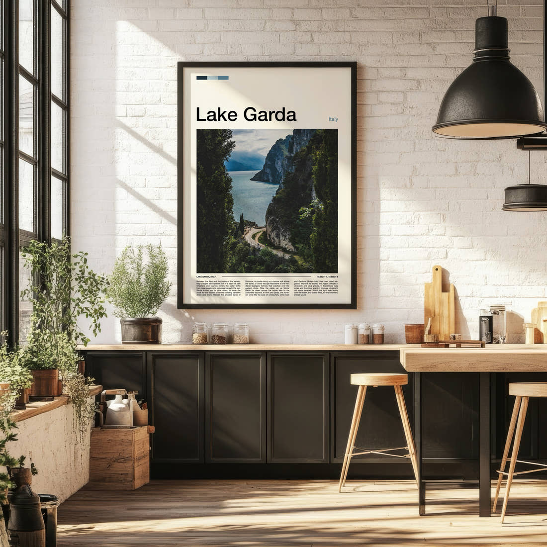 Lake Garda Cliffside Lake Path Travel Print framed on the wall of a bright kitchen and dining space