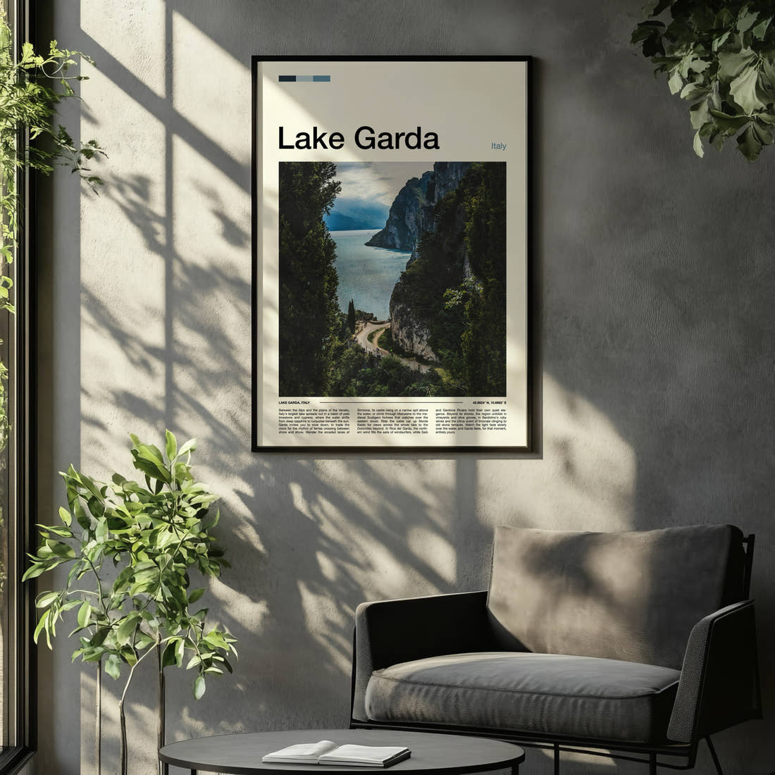 Lake Garda Cliffside Lake Path Travel Print framed on the wall of a relaxed living room