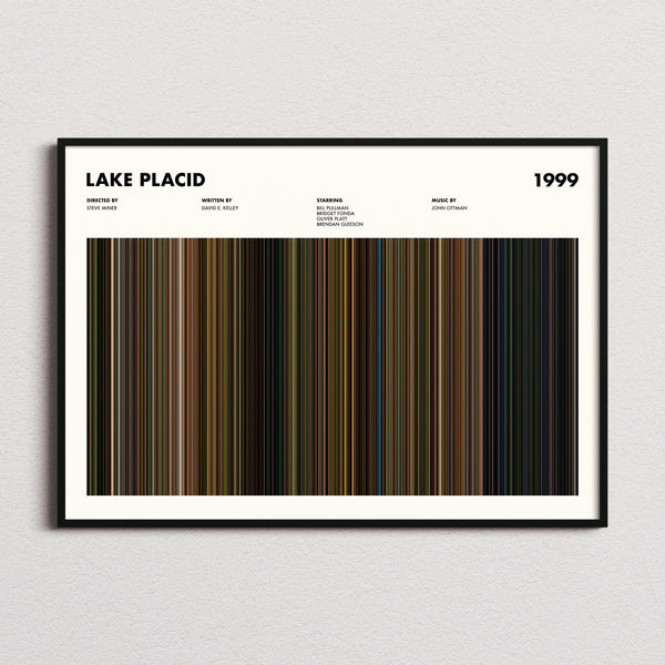 Lake Placid Movie Barcode Poster framed and photographed straight on