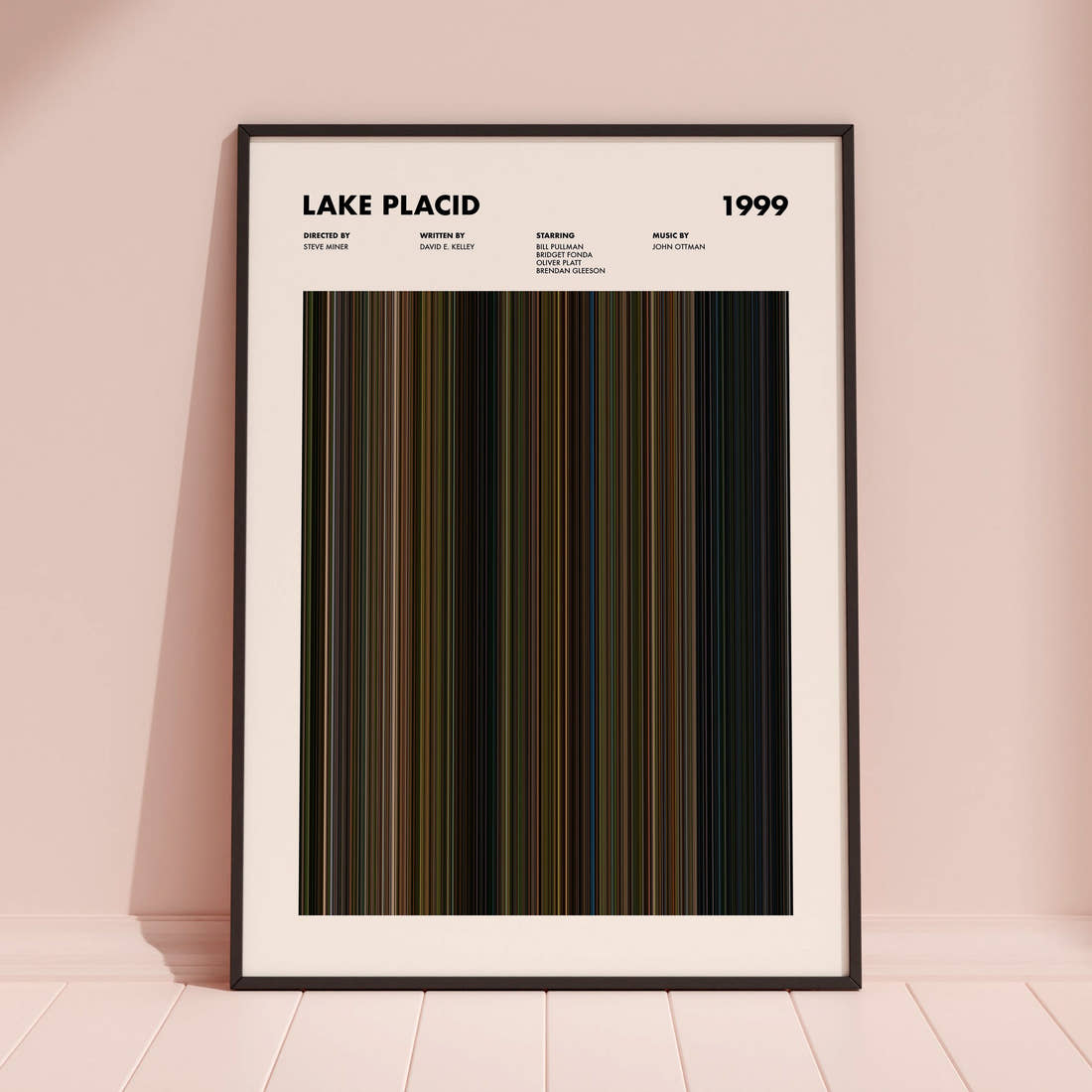 Lake Placid Movie Barcode Poster framed and leaning against a coloured wall