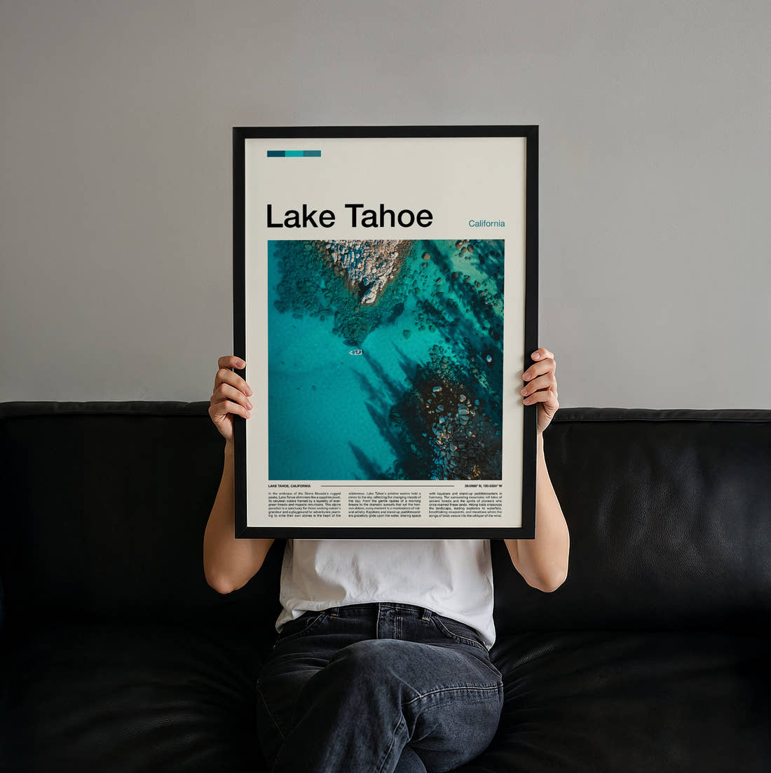 Lake Tahoe Clear Turquoise Water Travel Print held up by hand to show the size of the print