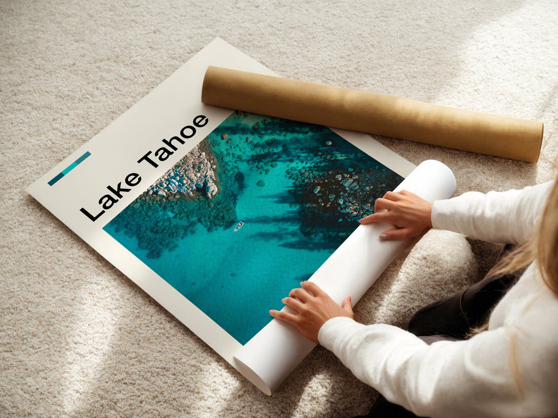 Lake Tahoe Clear Turquoise Water Travel Print being unrolled from its postal tube
