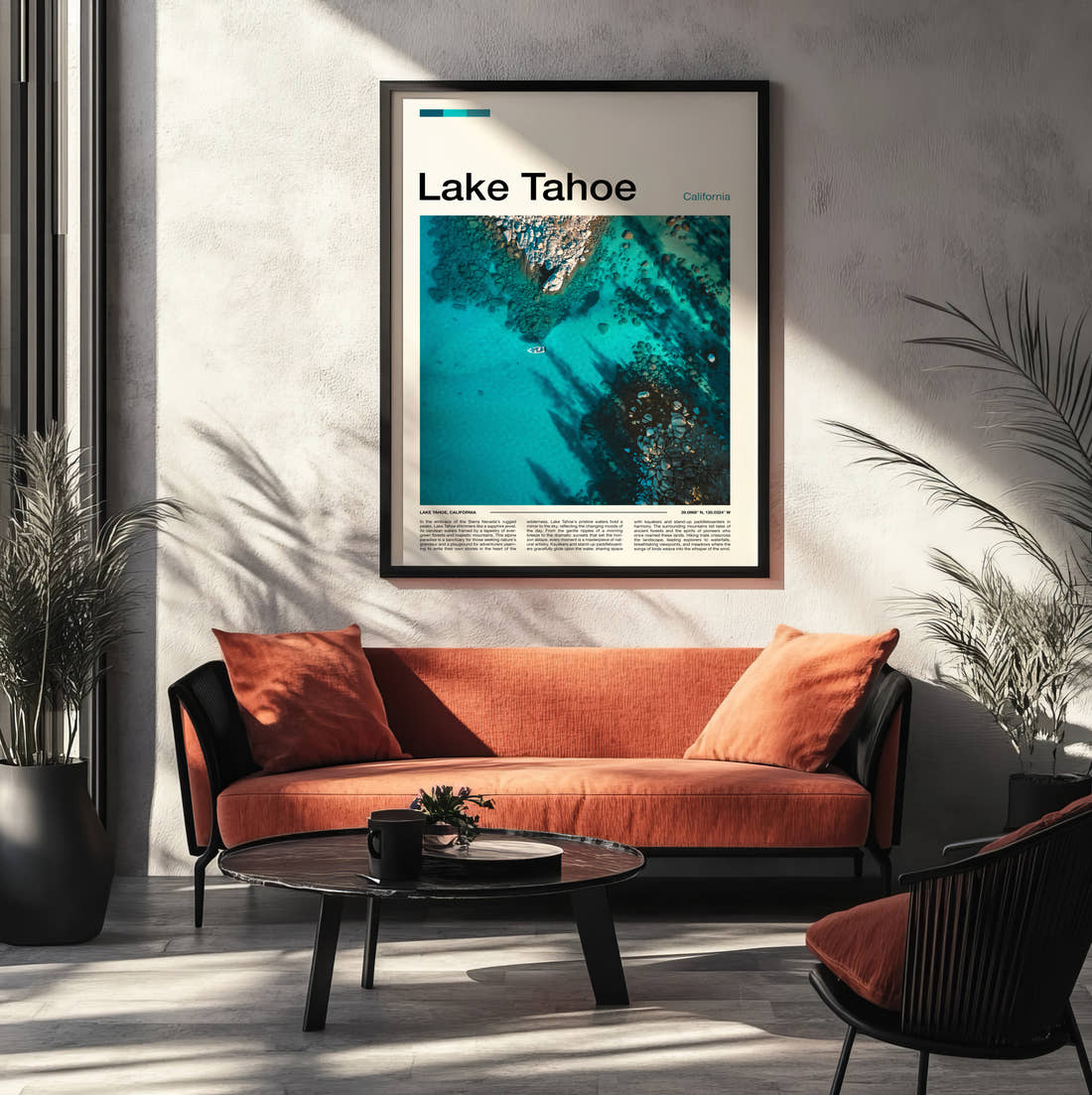 Lake Tahoe Clear Turquoise Water Travel Print framed on the wall of a modern living room