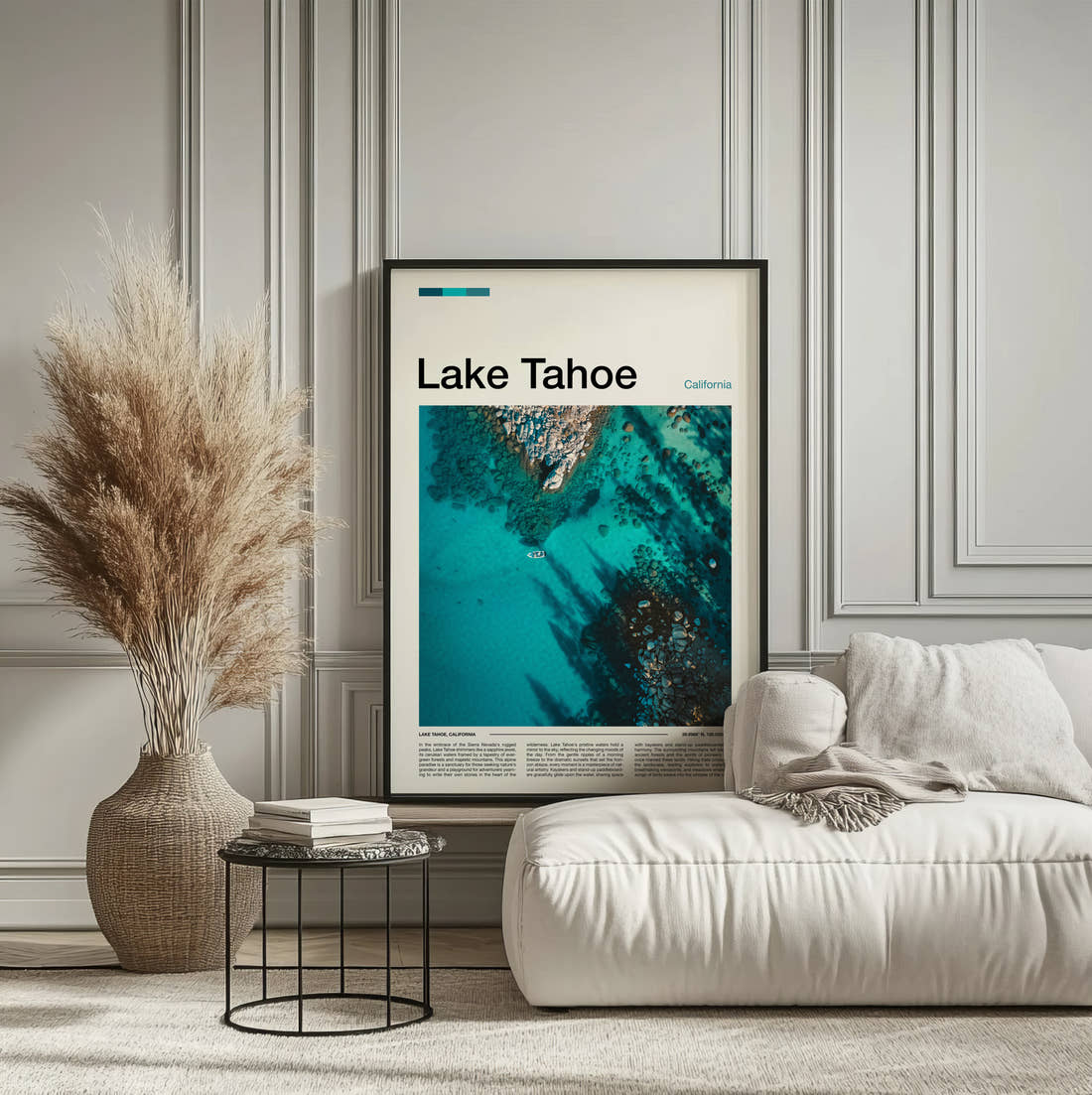 Lake Tahoe Clear Turquoise Water Travel Print framed on the wall of a calm, neutral bedroom