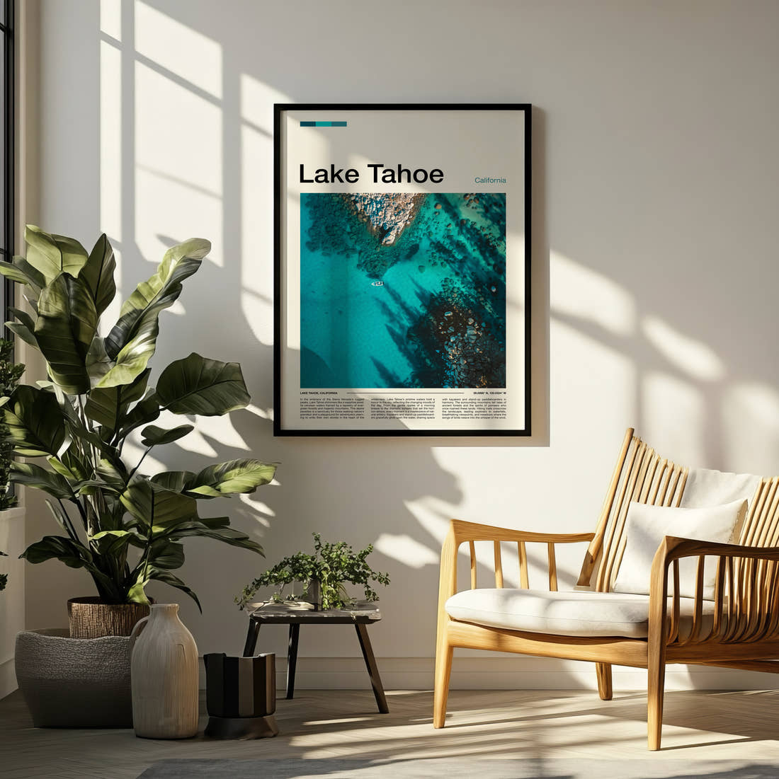 Lake Tahoe Clear Turquoise Water Travel Print framed on a pale wall beside houseplants