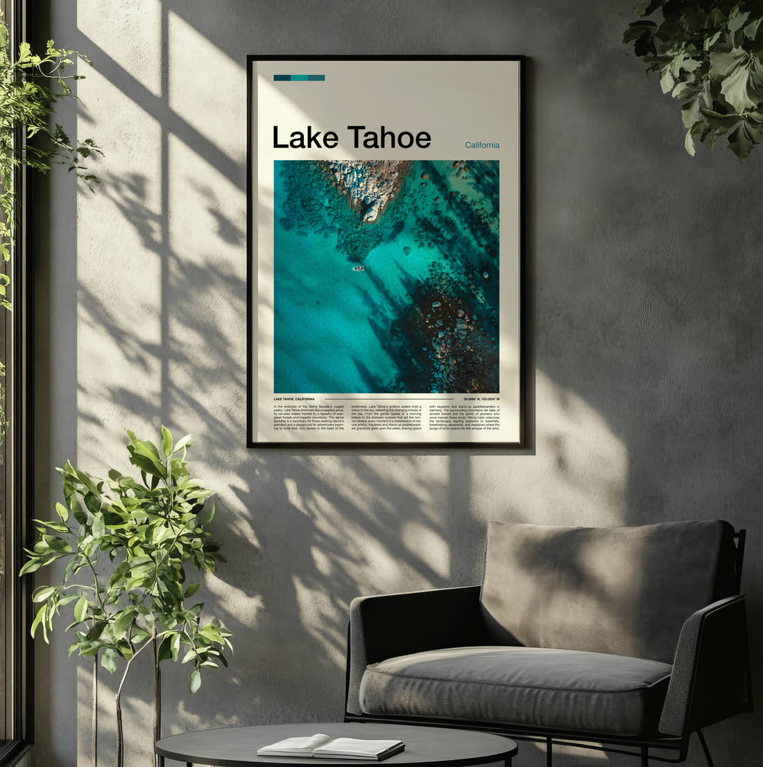 Lake Tahoe Clear Turquoise Water Travel Print framed on the wall of a relaxed living room