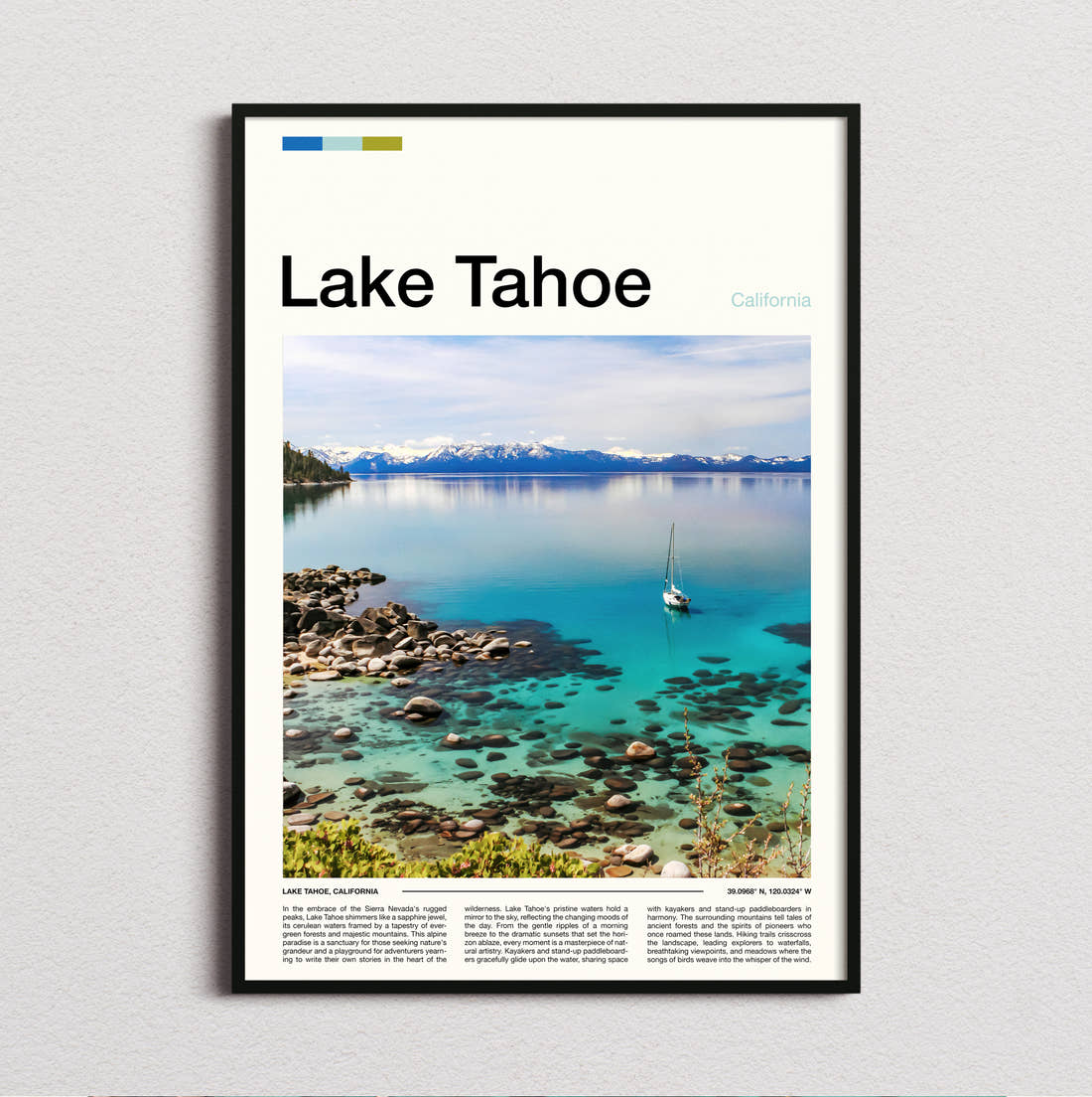 Lake Tahoe Sailing Boat On Lake Travel Print framed and photographed straight on