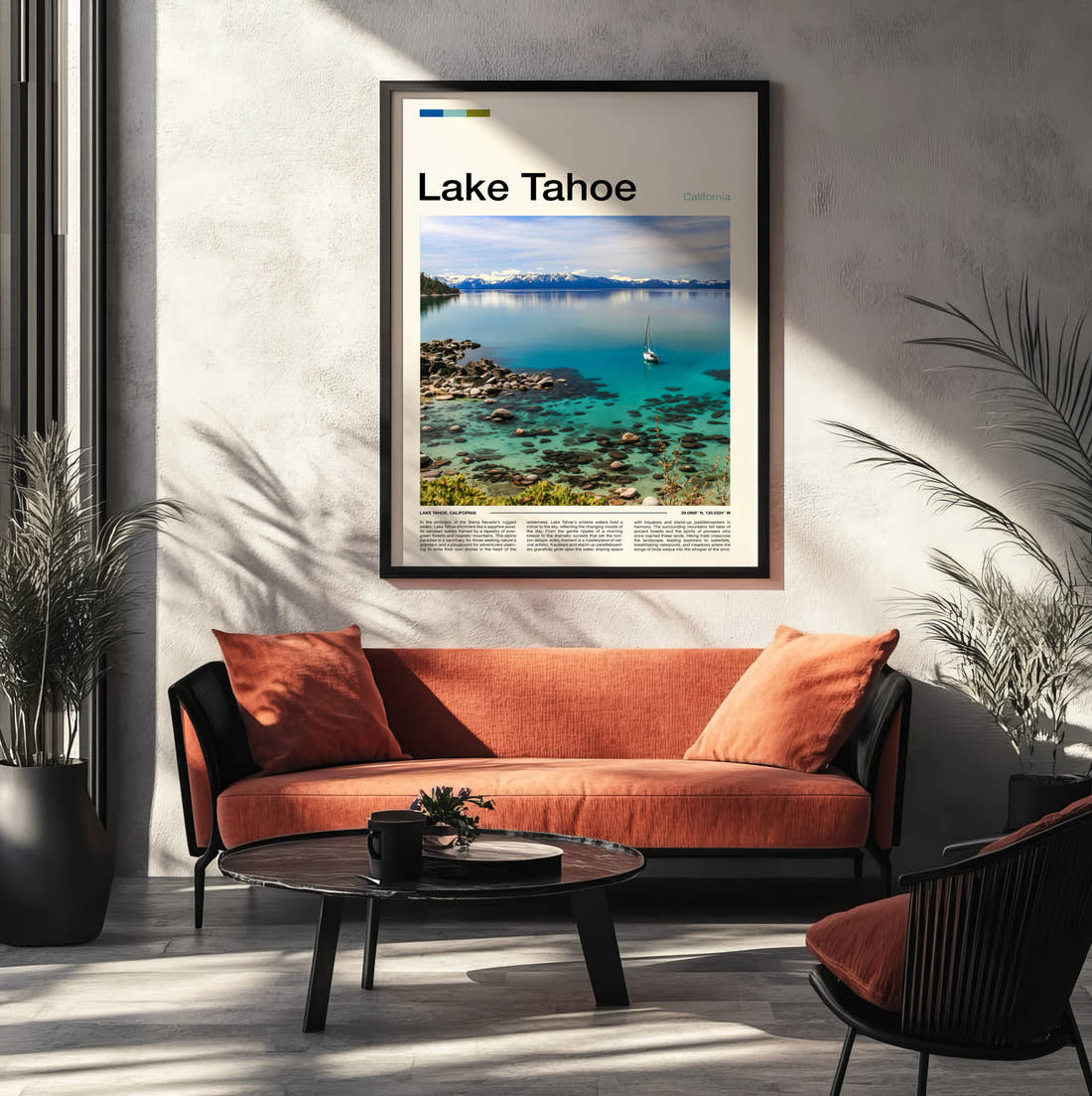 Lake Tahoe Sailing Boat On Lake Travel Print framed on the wall of a modern living room