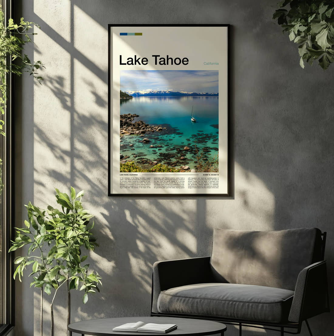 Lake Tahoe Sailing Boat On Lake Travel Print framed on the wall of a relaxed living room