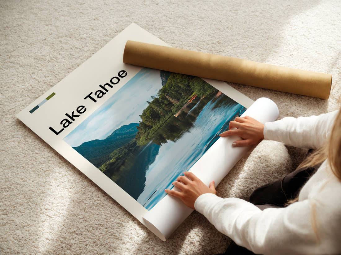 Lake Tahoe Pines Beside The Lake Travel Print being unrolled from its postal tube