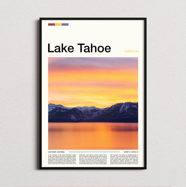 Lake Tahoe - Orange Sunset Over Mountains - Travel Print