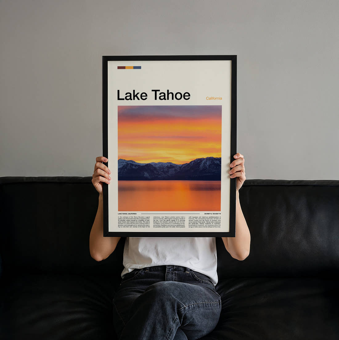 Lake Tahoe Orange Sunset Over Mountains Travel Print held up by hand to show the size of the print