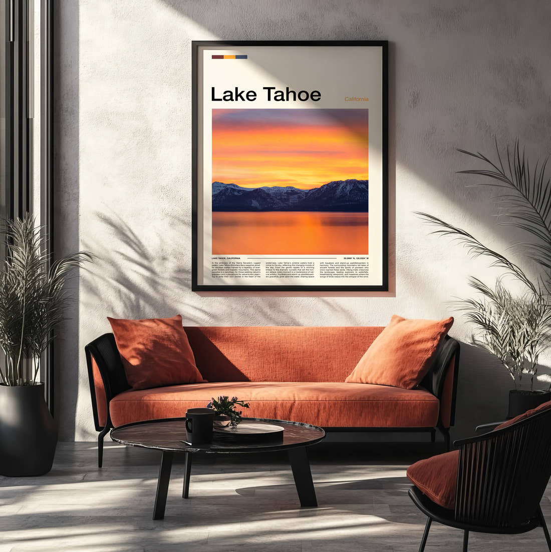 Lake Tahoe Orange Sunset Over Mountains Travel Print framed on the wall of a modern living room