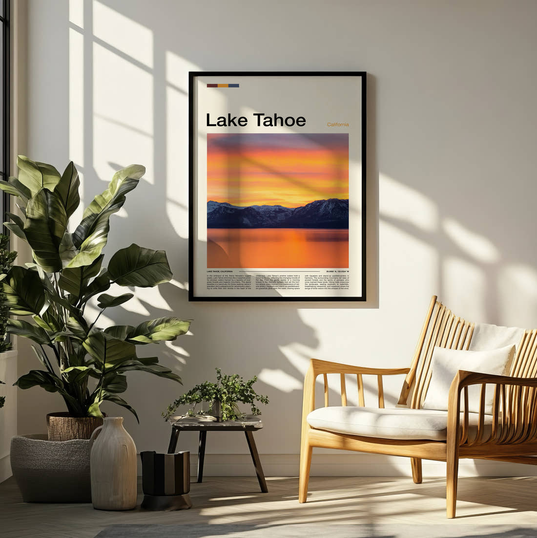 Lake Tahoe Orange Sunset Over Mountains Travel Print framed on a pale wall beside houseplants