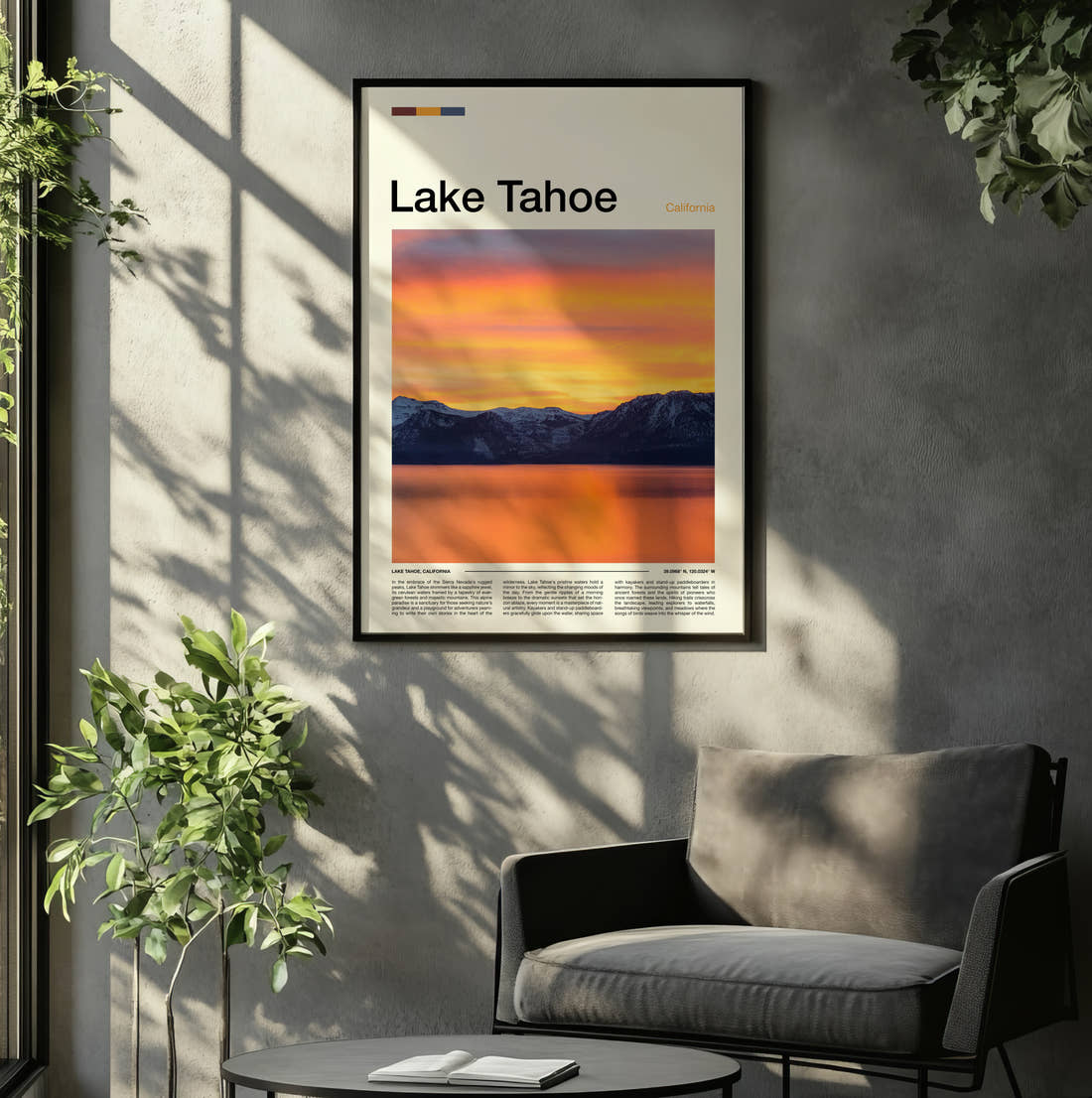 Lake Tahoe Orange Sunset Over Mountains Travel Print framed on the wall of a relaxed living room