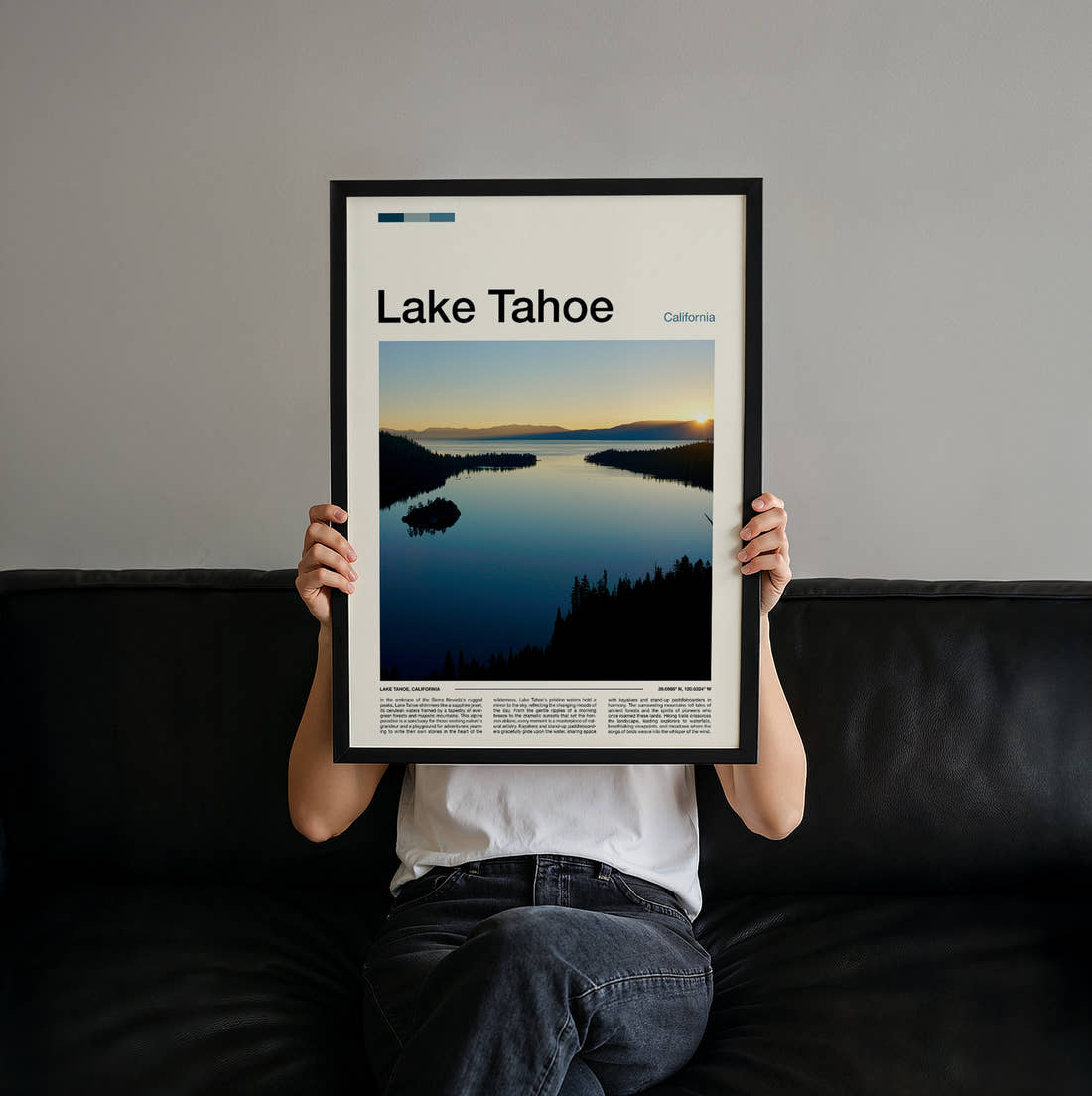 Lake Tahoe Emerald Bay Travel Print held up by hand to show the size of the print